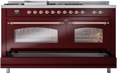 60" ILVE Nostalgie II Dual Fuel Natural Gas Freestanding Range in  Burgundy with Copper Trim - UP60FSNMP/BUP NG