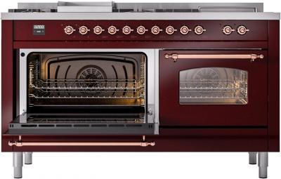 60" ILVE Nostalgie II Dual Fuel Natural Gas Freestanding Range in  Burgundy with Copper Trim - UP60FSNMP/BUP NG