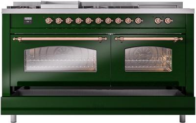 60" ILVE Nostalgie II Dual Fuel Natural Gas Freestanding Range in Emerald Green with Copper Trim - UP60FSNMP/EGP NG