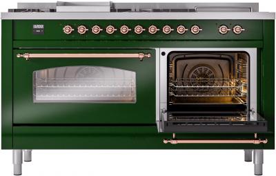 60" ILVE Nostalgie II Dual Fuel Natural Gas Freestanding Range in Emerald Green with Copper Trim - UP60FSNMP/EGP NG