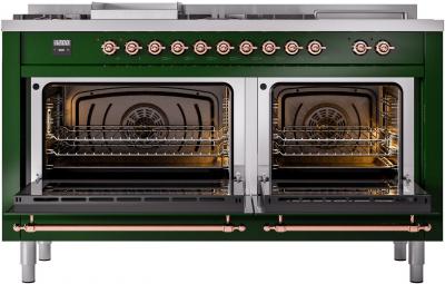 60" ILVE Nostalgie II Dual Fuel Natural Gas Freestanding Range in Emerald Green with Copper Trim - UP60FSNMP/EGP NG