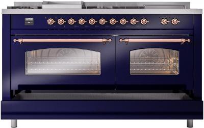 60" ILVE Nostalgie II Dual Fuel Natural Gas Freestanding Range in  Blue with Copper Trim - UP60FSNMP/MBP NG