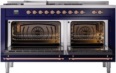 60" ILVE Nostalgie II Dual Fuel Natural Gas Freestanding Range in  Blue with Copper Trim - UP60FSNMP/MBP NG