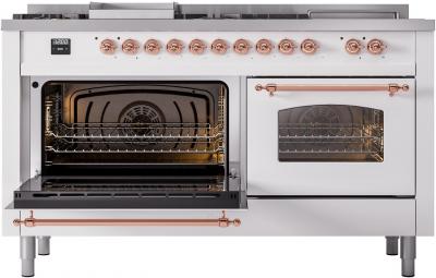 60" ILVE Nostalgie II Dual Fuel Natural Gas Freestanding Range in White with Copper Trim - UP60FSNMP/WHP NG