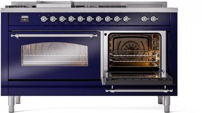 60" ILVE Nostalgie II Dual Fuel Natural Gas Freestanding Range in Blue with Chrome Trim - UP60FSNMP/MBC NG