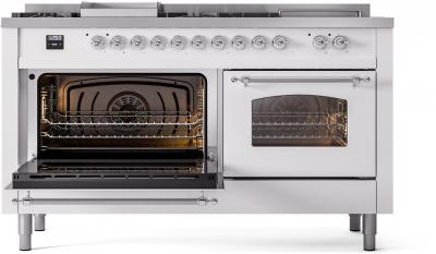 60" ILVE Nostalgie II Dual Fuel Natural Gas Freestanding Range in White with Chrome Trim - UP60FSNMP/WHC NG