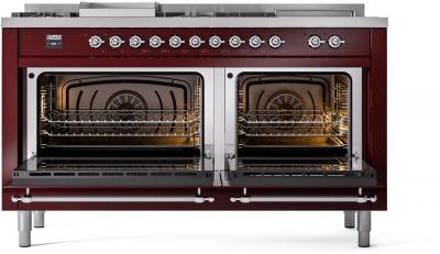 60" ILVE Nostalgie II Dual Fuel Liquid Propane Freestanding Range in Burgundy with Chrome Trim - UP60FSNMP/BUC LP