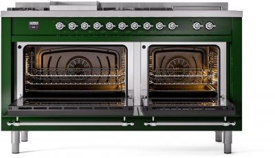 60" ILVE Nostalgie II Dual Fuel Liquid Propane Freestanding Range in Emerald Green with Chrome Trim - UP60FSNMP/EGC LP