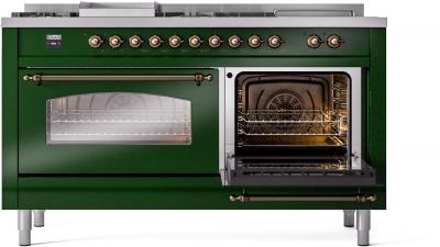 60" ILVE Nostalgie II Dual Fuel Liquid Propane Freestanding Range in Emerald Green with Bronze Trim - UP60FSNMP/EGB LP