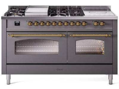 60" ILVE Nostalgie II Dual Fuel Natural Gas Freestanding Range in Matte Graphite with Brass Trim - UP60FSNMP/MGG NG