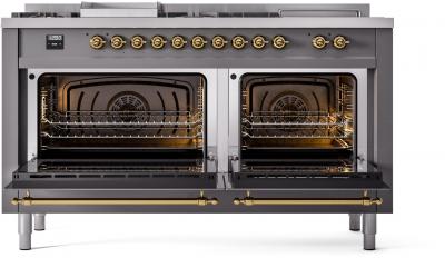 60" ILVE Nostalgie II Dual Fuel Natural Gas Freestanding Range in Matte Graphite with Brass Trim - UP60FSNMP/MGG NG