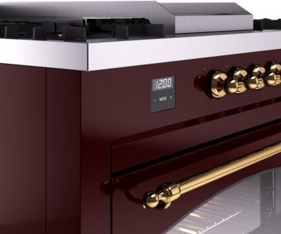 60" ILVE Nostalgie II Dual Fuel Natural Gas Freestanding Range in Burgundy with Brass Trim - UP60FSNMP/BUG NG