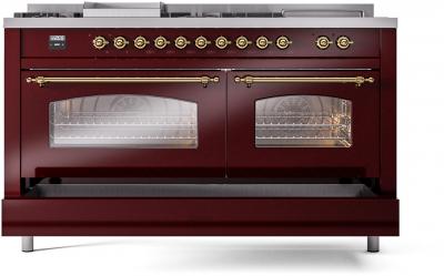 60" ILVE Nostalgie II Dual Fuel Natural Gas Freestanding Range in Burgundy with Brass Trim - UP60FSNMP/BUG NG