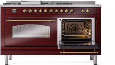 60" ILVE Nostalgie II Dual Fuel Natural Gas Freestanding Range in Burgundy with Brass Trim - UP60FSNMP/BUG NG