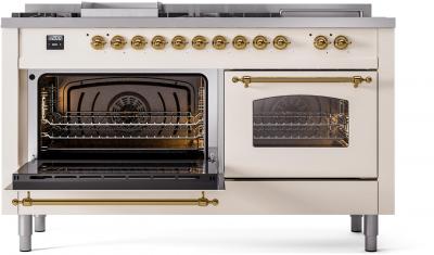 60" ILVE Nostalgie II Dual Fuel Natural Gas Freestanding Range in Antique White with Brass Trim - UP60FSNMP/AWG NG