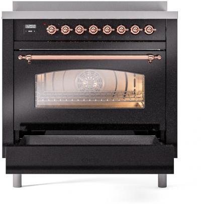 36" ILVE Nostalgie II Electric Freestanding Range in Glossy Black with Copper Trim - UPI366NMP/BKP